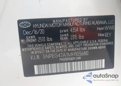 2021 Hyundai Sonata Se from USA, damaged, VIN 5NPEG4JA1MH103680